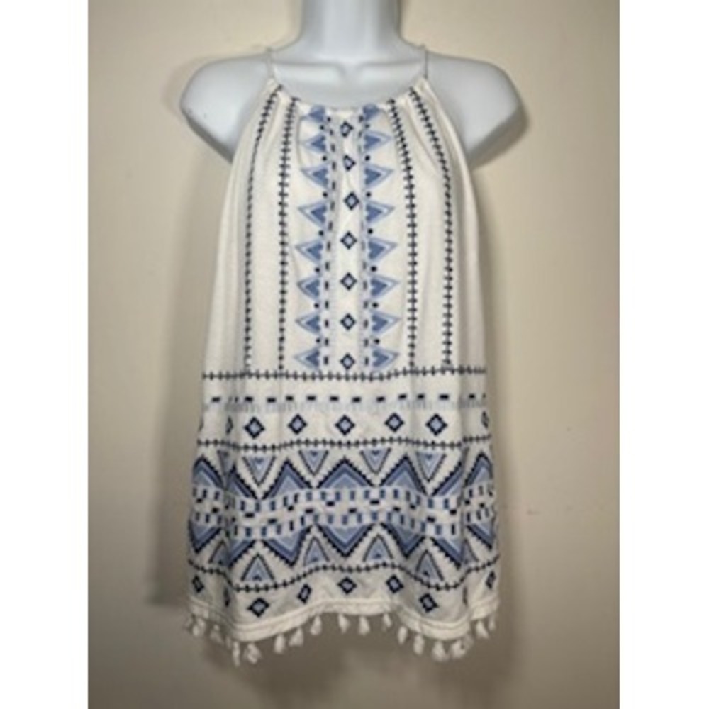 Skies Are‎ Blue Tank Top White Blue Embroidered Tassel Halter Boho Summer XL